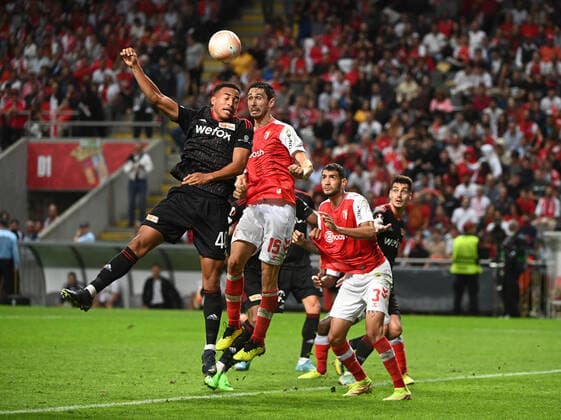 Fussball, Herren, Saison 2022 2023, Europa League, Sporting Braga - 1. FC Union Berlin (Gruppenphase, Gruppe D, 2. Spieltag), v. l. Jamie Leweling (1. FC Union Berlin), Paulo Oliveira (SC Sporting Braga), Vitor Tormena (SC Sporting Braga), Diogo Leite (1. FC Union Berlin), 15.09. 2022, Copyright: xMatthiasxKochx