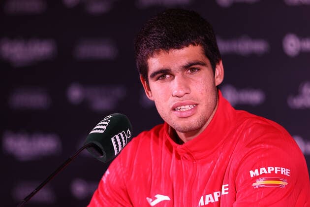September 16, 2022, VALENCIA, VALENCIA, SPAIN: Carlos Alcaraz of Spain attends his press conference, PK, Pressekonferenz after losing against Felix Auger-Aliassime of Canada during the Davis Cup by Rakuten 2022, Finals Group B, tennis match 2 played between Spain and Canada at Fuente de San Luis pavilion on September 16, 2022, in Valencia, Spain. VALENCIA SPAIN - ZUMAa181 20220916_zaa_a181_142 Copyright: xOscarxJ.xBarrosox