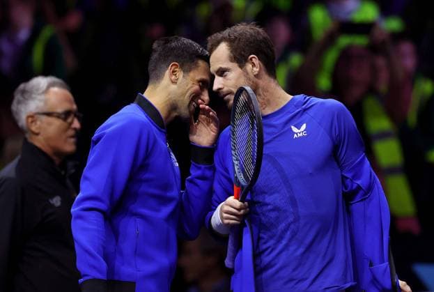 Mandatory Credit: Photo by Ella Ling Shutterstock (13409454ay) Novak Djokovic and Andy Murray during practice before the Laver Cup Laver Cup, Tennis Tournament, Practise Day, 02 Arena, London, UK - 22 Sep 2022 Laver Cup, Tennis Tournament, Practise Day, 02 Arena, London, UK - 22 Sep 2022 Copyright: xEllaxLing Shutterstockx 13409454ay