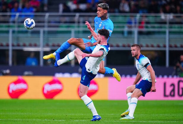 Mandatory Credit: Photo by Javier Garcia Shutterstock (13413805ak) Declan Rice of England and West Ham Team mate Gianluca Scamacca of Italy Italy v England, UEFA Nations League, Group A3, International Football, Stadio Giuseppe Meazza, Milan, Italy - 23 Sep 2022 EDITORIAL USE ONLY No use with unauthorised audio, video, data, fixture lists, club league logos or live services. Online in-match use limited to 120 images, no video emulation. No use in betting, games or single club league player publications. Italy v England, UEFA Nations League, Group A3, International Football, Stadio Giuseppe Meazza, Milan, Italy - 23 Sep 2022 EDITORIAL USE ONLY No use with unauthorised audio, video, data, fixture lists, club league logos or live services. Online in-match use limited to 120 images, no video emulation. No use in betting, games or single club league player publications. Copyright: xJavierxGarcia Shutterstockx 13413805ak