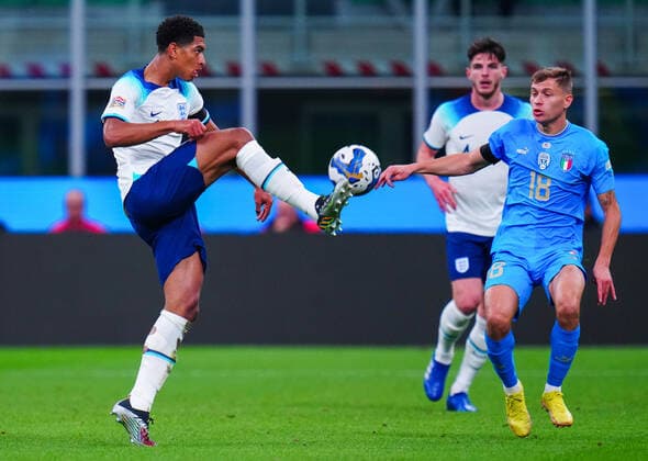 Mandatory Credit: Photo by Javier Garcia Shutterstock (13413805am) Jude Bellingham of England and Nicolò Barella of Italy Italy v England, UEFA Nations League, Group A3, International Football, Stadio Giuseppe Meazza, Milan, Italy - 23 Sep 2022 EDITORIAL USE ONLY No use with unauthorised audio, video, data, fixture lists, club league logos or live services. Online in-match use limited to 120 images, no video emulation. No use in betting, games or single club league player publications. Italy v England, UEFA Nations League, Group A3, International Football, Stadio Giuseppe Meazza, Milan, Italy - 23 Sep 2022 EDITORIAL USE ONLY No use with unauthorised audio, video, data, fixture lists, club league logos or live services. Online in-match use limited to 120 images, no video emulation. No use in betting, games or single club league player publications. Copyright: xJavierxGarcia Shutterstockx 13413805am