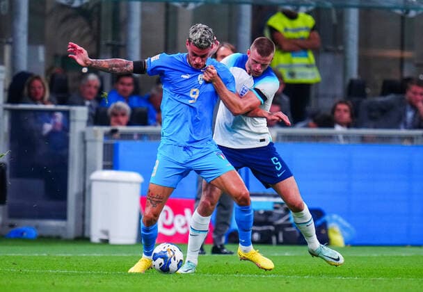 Mandatory Credit: Photo by Javier Garcia Shutterstock (13413805ar) Gianluca Scamacca of Italy and Eric Dier of England Italy v England, UEFA Nations League, Group A3, International Football, Stadio Giuseppe Meazza, Milan, Italy - 23 Sep 2022 EDITORIAL USE ONLY No use with unauthorised audio, video, data, fixture lists, club league logos or live services. Online in-match use limited to 120 images, no video emulation. No use in betting, games or single club league player publications. Italy v England, UEFA Nations League, Group A3, International Football, Stadio Giuseppe Meazza, Milan, Italy - 23 Sep 2022 EDITORIAL USE ONLY No use with unauthorised audio, video, data, fixture lists, club league logos or live services. Online in-match use limited to 120 images, no video emulation. No use in betting, games or single club league player publications. Copyright: xJavierxGarcia Shutterstockx 13413805ar