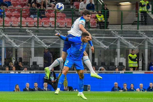September 23, 2022, Milan, Italy: Milan, Italy, San Siro stadium, September 23, 2022, header of England s Harry Maguire against Italy s Giovanni Di Lorenzo during Italy vs England - football UEFA Nations League match. football UEFA Nations League match - Italy vs England, Milan, Italy - ZUMAl164 20220923_zsa_l164_054 Copyright: xFabioxFagiolinix