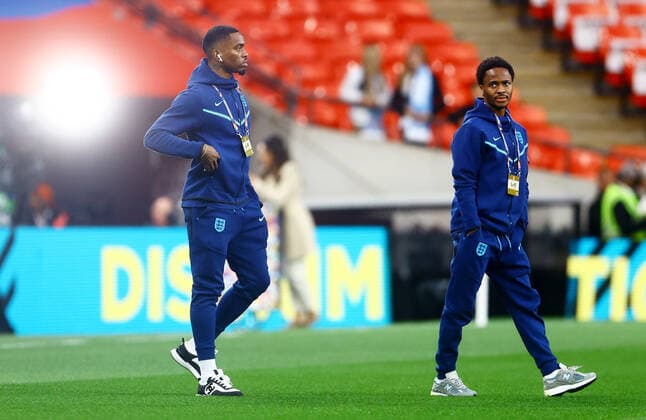 Mandatory Credit: Photo by Kieran McManus Shutterstock (13421401f) Ivan Toney and Raheem Sterling of England seen pitch side. England v Germany, UEFA Nations League, Group A3, International Football, Wembley Stadium, London, UK - 26 Sep 2022 EDITORIAL USE ONLY No use with unauthorised audio, video, data, fixture lists, club league logos or live services. Online in-match use limited to 120 images, no video emulation. No use in betting, games or single club league player publications. England v Germany, UEFA Nations League, Group A3, International Football, Wembley Stadium, London, UK - 26 Sep 2022 EDITORIAL USE ONLY No use with unauthorised audio, video, data, fixture lists, club league logos or live services. Online in-match use limited to 120 images, no video emulation. No use in betting, games or single club league player publications. Copyright: xKieranxMcManus Shutterstockx 13421401f