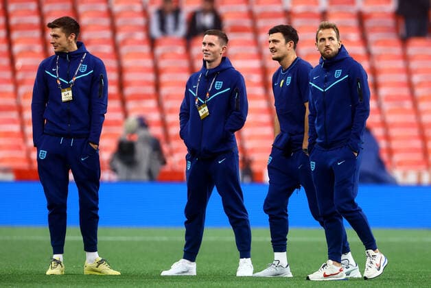 Mandatory Credit: Photo by Kieran McManus Shutterstock (13421401o) Harry Kane of England and team mates seen pitch side. England v Germany, UEFA Nations League, Group A3, International Football, Wembley Stadium, London, UK - 26 Sep 2022 EDITORIAL USE ONLY No use with unauthorised audio, video, data, fixture lists, club league logos or live services. Online in-match use limited to 120 images, no video emulation. No use in betting, games or single club league player publications. England v Germany, UEFA Nations League, Group A3, International Football, Wembley Stadium, London, UK - 26 Sep 2022 EDITORIAL USE ONLY No use with unauthorised audio, video, data, fixture lists, club league logos or live services. Online in-match use limited to 120 images, no video emulation. No use in betting, games or single club league player publications. Copyright: xKieranxMcManus Shutterstockx 13421401o