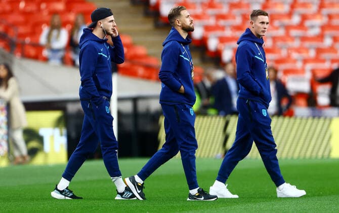 Mandatory Credit: Photo by Kieran McManus Shutterstock (13421401j) Declan Rice, Jordan Henderson and Dean Henderson of England seen pitch side. England v Germany, UEFA Nations League, Group A3, International Football, Wembley Stadium, London, UK - 26 Sep 2022 EDITORIAL USE ONLY No use with unauthorised audio, video, data, fixture lists, club league logos or live services. Online in-match use limited to 120 images, no video emulation. No use in betting, games or single club league player publications. England v Germany, UEFA Nations League, Group A3, International Football, Wembley Stadium, London, UK - 26 Sep 2022 EDITORIAL USE ONLY No use with unauthorised audio, video, data, fixture lists, club league logos or live services. Online in-match use limited to 120 images, no video emulation. No use in betting, games or single club league player publications. Copyright: xKieranxMcManus Shutterstockx 13421401j