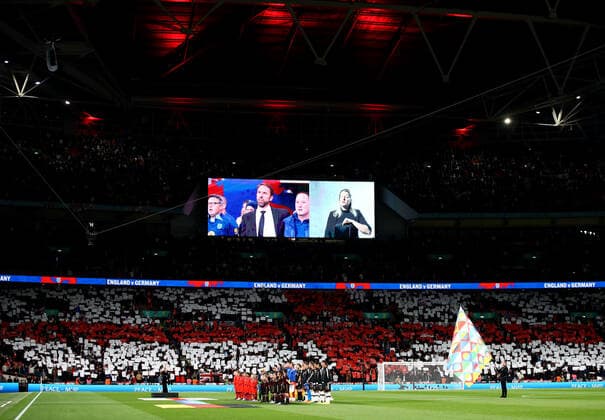 Mandatory Credit: Photo by Kieran McManus Shutterstock (13421401ad) Both teams sing their national anthems. England v Germany, UEFA Nations League, Group A3, International Football, Wembley Stadium, London, UK - 26 Sep 2022 EDITORIAL USE ONLY No use with unauthorised audio, video, data, fixture lists, club league logos or live services. Online in-match use limited to 120 images, no video emulation. No use in betting, games or single club league player publications. England v Germany, UEFA Nations League, Group A3, International Football, Wembley Stadium, London, UK - 26 Sep 2022 EDITORIAL USE ONLY No use with unauthorised audio, video, data, fixture lists, club league logos or live services. Online in-match use limited to 120 images, no video emulation. No use in betting, games or single club league player publications. Copyright: xKieranxMcManus Shutterstockx 13421401ad