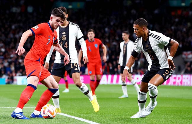 Mandatory Credit: Photo by Kieran McManus Shutterstock (13421401at) Declan Rice of England and Thilo Kehrer of Germany. England v Germany, UEFA Nations League, Group A3, International Football, Wembley Stadium, London, UK - 26 Sep 2022 EDITORIAL USE ONLY No use with unauthorised audio, video, data, fixture lists, club league logos or live services. Online in-match use limited to 120 images, no video emulation. No use in betting, games or single club league player publications. England v Germany, UEFA Nations League, Group A3, International Football, Wembley Stadium, London, UK - 26 Sep 2022 EDITORIAL USE ONLY No use with unauthorised audio, video, data, fixture lists, club league logos or live services. Online in-match use limited to 120 images, no video emulation. No use in betting, games or single club league player publications. Copyright: xKieranxMcManus Shutterstockx 13421401at