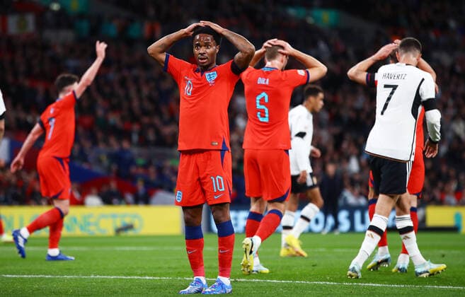 Mandatory Credit: Photo by Kieran McManus Shutterstock (13421401ay) Raheem Sterling of England looks dejected after a missed chance. England v Germany, UEFA Nations League, Group A3, International Football, Wembley Stadium, London, UK - 26 Sep 2022 EDITORIAL USE ONLY No use with unauthorised audio, video, data, fixture lists, club league logos or live services. Online in-match use limited to 120 images, no video emulation. No use in betting, games or single club league player publications. England v Germany, UEFA Nations League, Group A3, International Football, Wembley Stadium, London, UK - 26 Sep 2022 EDITORIAL USE ONLY No use with unauthorised audio, video, data, fixture lists, club league logos or live services. Online in-match use limited to 120 images, no video emulation. No use in betting, games or single club league player publications. Copyright: xKieranxMcManus Shutterstockx 13421401ay