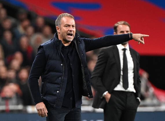 Fussball, Herren, Saison 2022 23, Nations League (Liga A, Gruppe 3, 6. Spieltag) in London, England - Deutschland, v. l. Trainer Hansi Flick (Deutschland), Trainer Gareth Southgate (England), 26.09. 2022, Copyright: xMatthiasxKochx