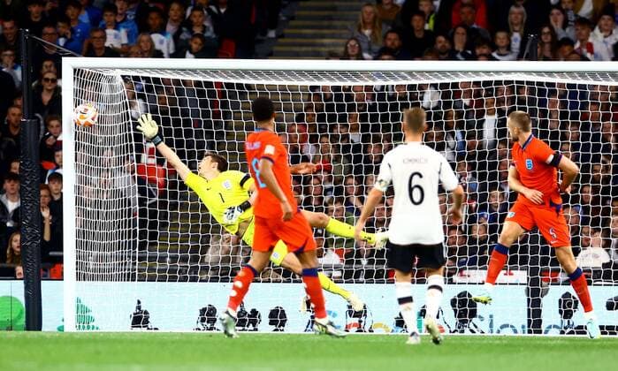 Mandatory Credit: Photo by Kieran McManus Shutterstock (13421401cx) Kai Havertz of Germany scores his sides second goal. England v Germany, UEFA Nations League, Group A3, International Football, Wembley Stadium, London, UK - 26 Sep 2022 EDITORIAL USE ONLY No use with unauthorised audio, video, data, fixture lists, club league logos or live services. Online in-match use limited to 120 images, no video emulation. No use in betting, games or single club league player publications. England v Germany, UEFA Nations League, Group A3, International Football, Wembley Stadium, London, UK - 26 Sep 2022 EDITORIAL USE ONLY No use with unauthorised audio, video, data, fixture lists, club league logos or live services. Online in-match use limited to 120 images, no video emulation. No use in betting, games or single club league player publications. Copyright: xKieranxMcManus Shutterstockx 13421401cx