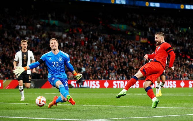 Mandatory Credit: Photo by Kieran McManus Shutterstock (13421401cy) Luke Shaw of England scores his sides first goal. England v Germany, UEFA Nations League, Group A3, International Football, Wembley Stadium, London, UK - 26 Sep 2022 EDITORIAL USE ONLY No use with unauthorised audio, video, data, fixture lists, club league logos or live services. Online in-match use limited to 120 images, no video emulation. No use in betting, games or single club league player publications. England v Germany, UEFA Nations League, Group A3, International Football, Wembley Stadium, London, UK - 26 Sep 2022 EDITORIAL USE ONLY No use with unauthorised audio, video, data, fixture lists, club league logos or live services. Online in-match use limited to 120 images, no video emulation. No use in betting, games or single club league player publications. Copyright: xKieranxMcManus Shutterstockx 13421401cy