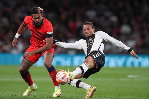 Mandatory Credit: Photo by Matt Impey Shutterstock (13422173ac) Reece James of England fouls Leroy Sané of Germany England v Germany, Football, UEFA Nations Cup, Wembley Stadium, Wembley, London, UK - 26 09 2022 Editorial use only England v Germany, Football, UEFA Nations Cup, Wembley Stadium, Wembley, London, UK - 26 09 2022 Editorial use only Copyright: xMattxImpey Shutterstockx 13422173ac