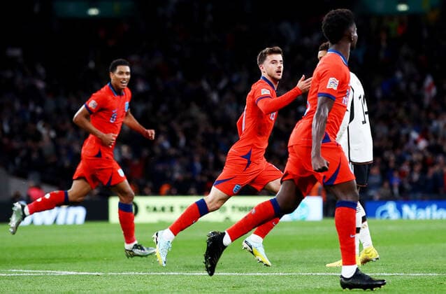 Mandatory Credit: Photo by Kieran McManus Shutterstock (13421401dd) Mason Mount of England celebrates scoring his sides second goal. England v Germany, UEFA Nations League, Group A3, International Football, Wembley Stadium, London, UK - 26 Sep 2022 EDITORIAL USE ONLY No use with unauthorised audio, video, data, fixture lists, club league logos or live services. Online in-match use limited to 120 images, no video emulation. No use in betting, games or single club league player publications. England v Germany, UEFA Nations League, Group A3, International Football, Wembley Stadium, London, UK - 26 Sep 2022 EDITORIAL USE ONLY No use with unauthorised audio, video, data, fixture lists, club league logos or live services. Online in-match use limited to 120 images, no video emulation. No use in betting, games or single club league player publications. Copyright: xKieranxMcManus Shutterstockx 13421401dd