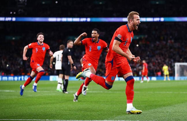 Mandatory Credit: Photo by Kieran McManus Shutterstock (13421401dr) Harry Kane of England celebrates scoring his sides third goal. England v Germany, UEFA Nations League, Group A3, International Football, Wembley Stadium, London, UK - 26 Sep 2022 EDITORIAL USE ONLY No use with unauthorised audio, video, data, fixture lists, club league logos or live services. Online in-match use limited to 120 images, no video emulation. No use in betting, games or single club league player publications. England v Germany, UEFA Nations League, Group A3, International Football, Wembley Stadium, London, UK - 26 Sep 2022 EDITORIAL USE ONLY No use with unauthorised audio, video, data, fixture lists, club league logos or live services. Online in-match use limited to 120 images, no video emulation. No use in betting, games or single club league player publications. Copyright: xKieranxMcManus Shutterstockx 13421401dr