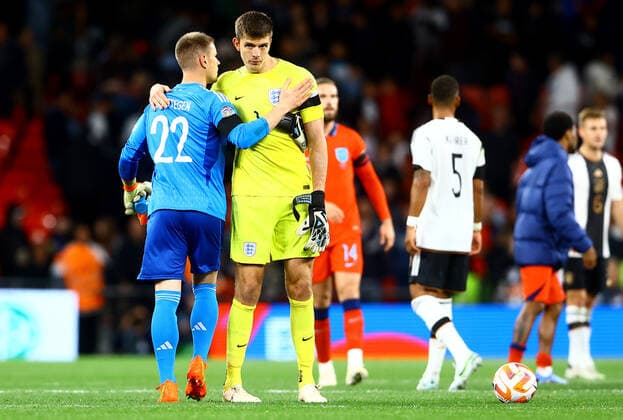Mandatory Credit: Photo by Kieran McManus Shutterstock (13421401ec) Nick Pope of England and Marc-Andre ter Stegen of Germany. England v Germany, UEFA Nations League, Group A3, International Football, Wembley Stadium, London, UK - 26 Sep 2022 EDITORIAL USE ONLY No use with unauthorised audio, video, data, fixture lists, club league logos or live services. Online in-match use limited to 120 images, no video emulation. No use in betting, games or single club league player publications. England v Germany, UEFA Nations League, Group A3, International Football, Wembley Stadium, London, UK - 26 Sep 2022 EDITORIAL USE ONLY No use with unauthorised audio, video, data, fixture lists, club league logos or live services. Online in-match use limited to 120 images, no video emulation. No use in betting, games or single club league player publications. Copyright: xKieranxMcManus Shutterstockx 13421401ec