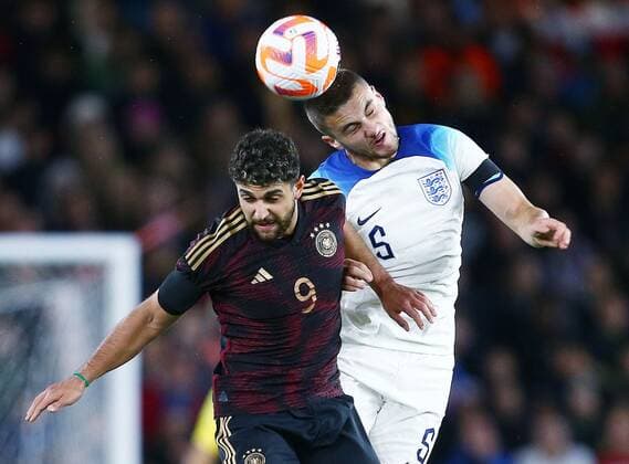 Mandatory Credit: Photo by Matt West Shutterstock (13423132j) Taylor Harwood-Bellis of England and Reda Khadra of Germany England U21, U 21 v Germany U21, Friendly, International Football, Bramall Lane, Sheffield, UK - 27 Sep 2022 EDITORIAL USE ONLY No use with unauthorised audio, video, data, fixture lists, club league logos or live services. Online in-match use limited to 120 images, no video emulation. No use in betting, games or single club league player publications. England U21 v Germany U21, Friendly, International Football, Bramall Lane, Sheffield, UK - 27 Sep 2022 EDITORIAL USE ONLY No use with unauthorised audio, video, data, fixture lists, club league logos or live services. Online in-match use limited to 120 images, no video emulation. No use in betting, games or single club league player publications. Copyright: xMattxWest Shutterstockx 13423132j