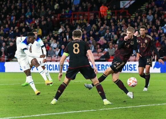 Mandatory Credit: Photo by Matt West Shutterstock (13423132m) Folarin Balogun of England scores a goal to make it 1-1 England U21, U 21 v Germany U21, Friendly, International Football, Bramall Lane, Sheffield, UK - 27 Sep 2022 EDITORIAL USE ONLY No use with unauthorised audio, video, data, fixture lists, club league logos or live services. Online in-match use limited to 120 images, no video emulation. No use in betting, games or single club league player publications. England U21 v Germany U21, Friendly, International Football, Bramall Lane, Sheffield, UK - 27 Sep 2022 EDITORIAL USE ONLY No use with unauthorised audio, video, data, fixture lists, club league logos or live services. Online in-match use limited to 120 images, no video emulation. No use in betting, games or single club league player publications. Copyright: xMattxWest Shutterstockx 13423132m