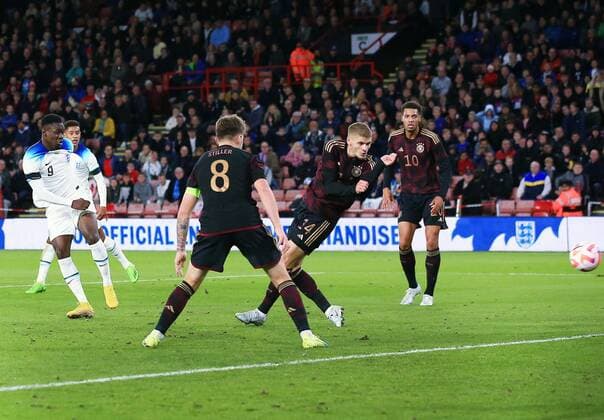 Mandatory Credit: Photo by Matt West Shutterstock (13423132o) Folarin Balogun of England scores a goal to make it 1-1 England U21, U 21 v Germany U21, Friendly, International Football, Bramall Lane, Sheffield, UK - 27 Sep 2022 EDITORIAL USE ONLY No use with unauthorised audio, video, data, fixture lists, club league logos or live services. Online in-match use limited to 120 images, no video emulation. No use in betting, games or single club league player publications. England U21 v Germany U21, Friendly, International Football, Bramall Lane, Sheffield, UK - 27 Sep 2022 EDITORIAL USE ONLY No use with unauthorised audio, video, data, fixture lists, club league logos or live services. Online in-match use limited to 120 images, no video emulation. No use in betting, games or single club league player publications. Copyright: xMattxWest Shutterstockx 13423132o