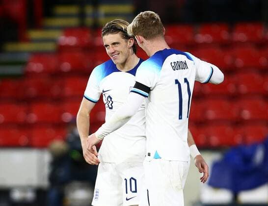Mandatory Credit: Photo by Matt West Shutterstock (13423132s) Conor Gallagher of England celebrates scoring a goal to make it 2-1 with Anthony Gordon England U21, U 21 v Germany U21, Friendly, International Football, Bramall Lane, Sheffield, UK - 27 Sep 2022 EDITORIAL USE ONLY No use with unauthorised audio, video, data, fixture lists, club league logos or live services. Online in-match use limited to 120 images, no video emulation. No use in betting, games or single club league player publications. England U21 v Germany U21, Friendly, International Football, Bramall Lane, Sheffield, UK - 27 Sep 2022 EDITORIAL USE ONLY No use with unauthorised audio, video, data, fixture lists, club league logos or live services. Online in-match use limited to 120 images, no video emulation. No use in betting, games or single club league player publications. Copyright: xMattxWest Shutterstockx 13423132s