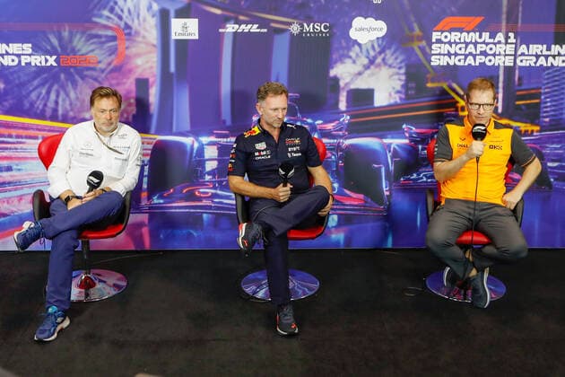 CAPITO Jost, Chief Executive Officer of Williams Racing, HORNER Christian (gbr), Team Principal of Red Bull Racing, SEIDL Andreas, Team Principal of McLaren F1 Team, portrait press conference, PK, Pressekonferenz during the Formula 1 Singapore Airlines Singapore Grand Prix 2022, 17th round of the 2022 FIA Formula One World Championship, WM, Weltmeisterschaft from September 30 to October 02, 2022 on the Marina Bay Street Circuit, in Singapore - F1 - SINGAPORE GRAND PRIX 2022 DPPI Panoramic _V2_1569