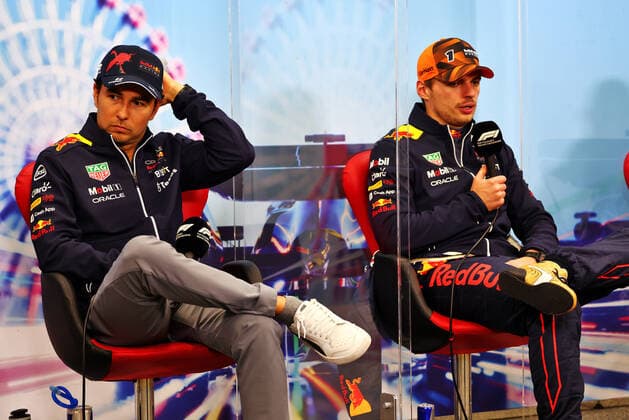 From left to right: Sergio Perez (MEX) Red Bull Racing and Max Verstappen (NLD) Red Bull Racing, portrait in the post race FIA press conference, PK, Pressekonferenz during the Formula 1 Honda Japanese Grand Prix 2022, 18th round of the 2022 FIA Formula One World Championship, WM, Weltmeisterschaft from Octobre 7 to 9, 2022 on the Suzuka International Racing Course, in Suzuka, Mie Prefecture, Japan - F1 - JAPANESE GRAND PRIX 2022 - RACE DPPI Panoramic JAPAN_SUNDAY_FIA_PRESS_CONF_03