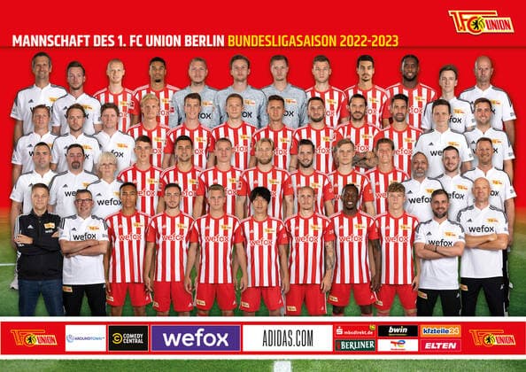 Mannschaftsfoto Collage: 1.R.v.l. Geschäftsführer Oliver Ruhnert, Trainer Urs Fischer, Jamie Leweling, Kevin Möhwald, Andras Schäfer, Genki Haraguchi, Sven Michel, Sheraldo Becker, Tim Skarke, Co Trainer Sebastian Bönig, Co Trainer Markus Hoffmann, 2.R.v.l. Betreuer Patrick Stiewe, Busfahrer Martin Schäfter, Mannschaftsleiterin Susanne Kopplin, Tim Maciejewski, Milos Pantovic, Julian Ryerson, Tymoteusz Puchacz, Niko Gießelmann, Fabio Schneider, Kevin Behrens, Masseur Thomas Riedel, Physiotherapeut Robert Kemna, 3.R.v.l. Athletiktrainer Martin Krüger, Rehatrainer Johannes Thienel, Spielanalyst Adrian Wittmann, Morten Thorsby, Janik Haberer, Paul Jaeckel, Paul Seguin, Levin Öztunali, Christopher Trimmel, Rani Khedira, Arzt Clemens Gwinner, 4.R.v.l. Torwarttrainer Michael Gspurning, Rehatrainer Johannes Thienel, Timo Baumgartl, Danilho Doekhi, Torwart Jakob Busk, Torwart Frederik Rönnow, Torwart Lennart Grill, Diego Leite, Jordan Siebatcheu, Physiotherapeut Maximilian Perschk, Physiotherapeut Sven Kuhlbrodt 1.FC Union Berlin FCU Fußball Fussball Bundesliga Herren DFL Porträttermin Saison 2022 2023 10.10.2022 Kader, Porträt, Vorstellung, Präsentation, Pressetermin, GER