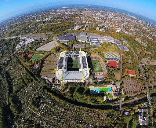 Luftbild, Bundesligastadion Signal Iduna Park des BVB 09 Dortmund, auch Westfalenstadion, Stadion Rote Erde, Westfalenhallen, Fisheye Aufnahme, Fischaugen Aufnahme, 360 Grad Aufnahme, Westfalenhalle, Dortmund, Ruhrgebiet, Nordrhein-Westfalen, Deutschland !ACHTUNGxMINDESTHONORARx60xEURO!
