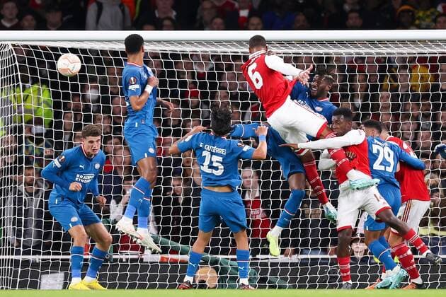 Mandatory Credit: Photo by Simon Dael Shutterstock (13480677n) Gabriel of Arsenal with a header on goal Arsenal v PSV Eindhoven, UEFA Europa League, Group A, Football, Emirates Stadium, London, UK - 20 Oct 2022 EDITORIAL USE ONLY No use with unauthorised audio, video, data, fixture lists, club league logos or live services. Online in-match use limited to 120 images, no video emulation. No use in betting, games or single club league player publications. Arsenal v PSV Eindhoven, UEFA Europa League, Group A, Football, Emirates Stadium, London, UK - 20 Oct 2022 EDITORIAL USE ONLY No use with unauthorised audio, video, data, fixture lists, club league logos or live services. Online in-match use limited to 120 images, no video emulation. No use in betting, games or single club league player publications. Copyright: xSimonxDael Shutterstockx 13480677n