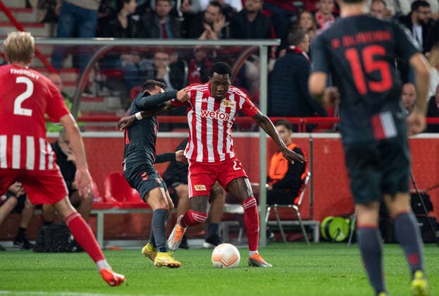 Fussball, Herren, Saison 2022 2023, Europa League (Gruppenphase, Gruppe D, 5. Spieltag), 1. FC Union Berlin - SC Braga, v. l. Morten Thorsby (1. FC Union Berlin), Ricardo Horta (SC Braga), Sheraldo Becker (1. FC Union Berlin), Paulo Oliveira (SC Braga), 27.10. 2022, Copyright: xSebastianxRäppold MatthiasxKochx