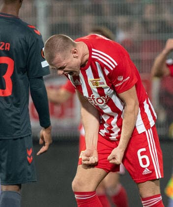 Fussball, Herren, Saison 2022 2023, Europa League (Gruppenphase, Gruppe D, 5. Spieltag), 1. FC Union Berlin - SC Braga, Julian Ryerson (1. FC Union Berlin), Jubel nach Abpfiff, 27.10. 2022, Copyright: xSebastianxRäppold MatthiasxKochx