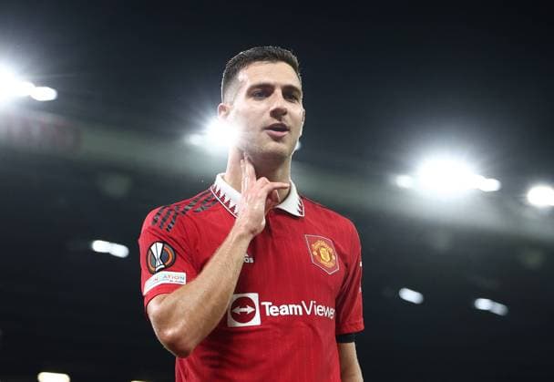 Manchester, England, 27th October 2022. Diogo Dalot of Manchester United, ManU celebrates scoring the first goal during the UEFA Europa League match at Old Trafford, Manchester. Picture credit should read: Darren Staples Sportimage EDITORIAL USE ONLY. No use with unauthorised audio, video, data, fixture lists, club league logos or live services. Online in-match use limited to 120 images, no video emulation. No use in betting, games or single club league player publications. SPI-1993-0032