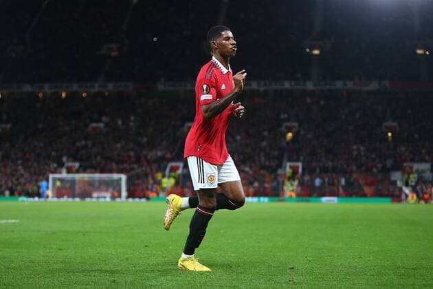 Mandatory Credit: Photo by Phil Oldham Shutterstock (13491515am) Marcus Rashford of Manchester United, ManU celebrates scoring his sides second goal Manchester United v Sheriff Tiraspol, UEFA Europa League, Group E, Football, Old Trafford, Manchester, UK - 27 Oct 2022 EDITORIAL USE ONLY No use with unauthorised audio, video, data, fixture lists, club league logos or live services. Online in-match use limited to 120 images, no video emulation. No use in betting, games or single club league player publications. Manchester United v Sheriff Tiraspol, UEFA Europa League, Group E, Football, Old Trafford, Manchester, UK - 27 Oct 2022 EDITORIAL USE ONLY No use with unauthorised audio, video, data, fixture lists, club league logos or live services. Online in-match use limited to 120 images, no video emulation. No use in betting, games or single club league player publications. Copyright: xPhilxOldham Shutterstockx 13491515am