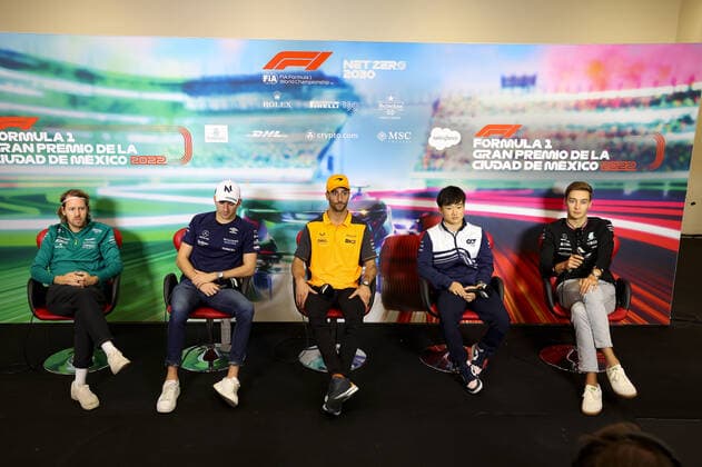 5 Sebastian Vettel (DEU, Aston Martin Aramco Cognizant F1 Team), 6 Nicholas Latifi (CAN, Williams Racing), 3 Daniel Ricciardo (AUS, McLaren F1 Team), 22 Yuki Tsunoda (JPN, Scuderia AlphaTauri), 63 George Russell (GBR, Mercedes-AMG Petronas F1 Team), F1 Grand Prix of Mexico at Autodromo Hermanos Rodriguez on October 27, 2022 in Mexico City, Mexico. (Photo by HOCH ZWEI) Mexico City Mexico