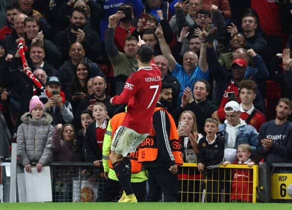 Manchester, England, 27th October 2022. Cristiano Ronaldo of Manchester United, ManU celebrates scoring his 700th goal during the UEFA Europa League match at Old Trafford, Manchester. Picture credit should read: Darren Staples Sportimage EDITORIAL USE ONLY. No use with unauthorised audio, video, data, fixture lists, club league logos or live services. Online in-match use limited to 120 images, no video emulation. No use in betting, games or single club league player publications. SPI-1993-0044
