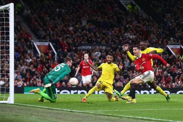 Mandatory Credit: Photo by Phil Oldham Shutterstock (13491515aw) Cristiano Ronaldo of Manchester United, ManU scores his sides third goal Manchester United v Sheriff Tiraspol, UEFA Europa League, Group E, Football, Old Trafford, Manchester, UK - 27 Oct 2022 EDITORIAL USE ONLY No use with unauthorised audio, video, data, fixture lists, club league logos or live services. Online in-match use limited to 120 images, no video emulation. No use in betting, games or single club league player publications. Manchester United v Sheriff Tiraspol, UEFA Europa League, Group E, Football, Old Trafford, Manchester, UK - 27 Oct 2022 EDITORIAL USE ONLY No use with unauthorised audio, video, data, fixture lists, club league logos or live services. Online in-match use limited to 120 images, no video emulation. No use in betting, games or single club league player publications. Copyright: xPhilxOldham Shutterstockx 13491515aw