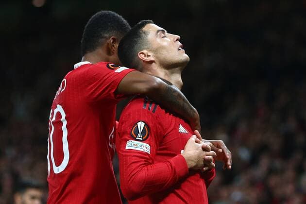 Mandatory Credit: Photo by Phil Oldham Shutterstock (13491515bi) Cristiano Ronaldo of Manchester United, ManU celebrates scoring his sides third goal Manchester United v Sheriff Tiraspol, UEFA Europa League, Group E, Football, Old Trafford, Manchester, UK - 27 Oct 2022 EDITORIAL USE ONLY No use with unauthorised audio, video, data, fixture lists, club league logos or live services. Online in-match use limited to 120 images, no video emulation. No use in betting, games or single club league player publications. Manchester United v Sheriff Tiraspol, UEFA Europa League, Group E, Football, Old Trafford, Manchester, UK - 27 Oct 2022 EDITORIAL USE ONLY No use with unauthorised audio, video, data, fixture lists, club league logos or live services. Online in-match use limited to 120 images, no video emulation. No use in betting, games or single club league player publications. Copyright: xPhilxOldham Shutterstockx 13491515bi
