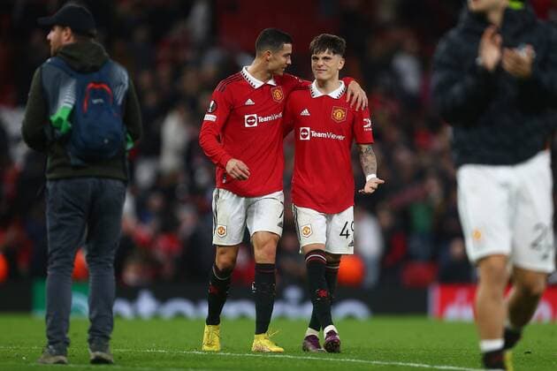 Mandatory Credit: Photo by Phil Oldham Shutterstock (13491515bw) Cristiano Ronaldo and Alejandro Garnacho of Manchester United, ManU Manchester United v Sheriff Tiraspol, UEFA Europa League, Group E, Football, Old Trafford, Manchester, UK - 27 Oct 2022 EDITORIAL USE ONLY No use with unauthorised audio, video, data, fixture lists, club league logos or live services. Online in-match use limited to 120 images, no video emulation. No use in betting, games or single club league player publications. Manchester United v Sheriff Tiraspol, UEFA Europa League, Group E, Football, Old Trafford, Manchester, UK - 27 Oct 2022 EDITORIAL USE ONLY No use with unauthorised audio, video, data, fixture lists, club league logos or live services. Online in-match use limited to 120 images, no video emulation. No use in betting, games or single club league player publications. Copyright: xPhilxOldham Shutterstockx 13491515bw