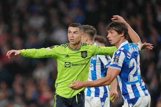 Mandatory Credit: Photo by Bagu Blanco Pressinphoto Shutterstock (13607020bm) Cristiano Ronaldo of Manchester United, ManU and Robin Le Normand of Real Sociedad Real Sociedad v Manchester United, UEFA Europa League, Group C, date 4. Football, Reale Arena Stadium, San Sebastian, Spain - 3 Nov 2022 Editorial use only Real Sociedad v Manchester United, UEFA Europa League, Group C, date 4. Football, Reale Arena Stadium, San Sebastian, Spain - 3 Nov 2022 Editorial use only Copyright: xBaguxBlanco Pressinphoto Shutterstockx 13607020bm