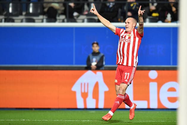 Fussball, Herren, Saison 2022 2023, Europa League (Gruppenphase, Gruppe D, 6. Spieltag), Royale Union Saint-Gilloise - 1. FC Union Berlin, Sven Michel (1. FC Union Berlin, 11) Torjubel, Jubel nach dem Tor zum 0:1 , 03.11. 2022, Copyright: xSebastianxRäppold MatthiasxKochx