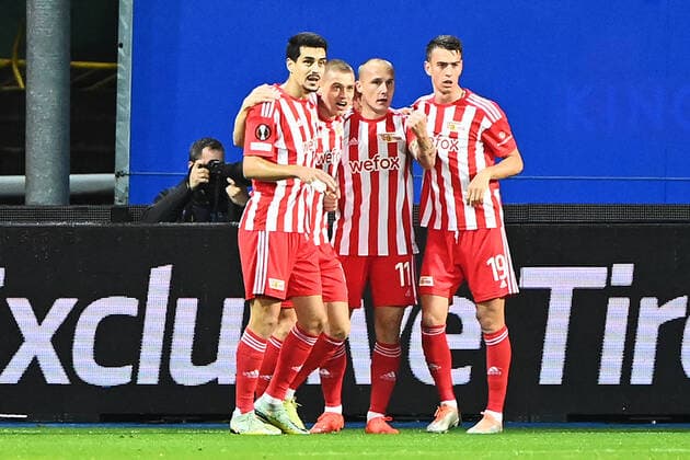 Fussball, Herren, Saison 2022 2023, Europa League (Gruppenphase, Gruppe D, 6. Spieltag), Royale Union Saint-Gilloise - 1. FC Union Berlin, v. l. Diogo Leite (1. FC Union Berlin), Julian Ryerson (1. FC Union), Sven Michel (1. FC Union), Janik Haberer (1. FC Union Berlin), Jubel nach Tor zum 0:1, 03.11. 2022, Copyright: xMatthiasxKochx