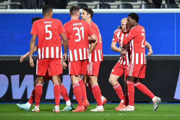 Fussball, Herren, Saison 2022 2023, Europa League (Gruppenphase, Gruppe D, 6. Spieltag), Royale Union Saint-Gilloise - 1. FC Union Berlin, v.l. Danilho Doekhi (1. FC Union Berlin, 5), Robin Knoche (1. FC Union Berlin, 31), Rani Khedira (1. FC Union Berlin, 8), Sven Michel (1. FC Union Berlin, 11) und Sheraldo Becker (1. FC Union Berlin, 27) Torjubel, Jubel nach dem Tor zum 0:1, 03.11. 2022, Copyright: xSebastianxRäppold MatthiasxKochx