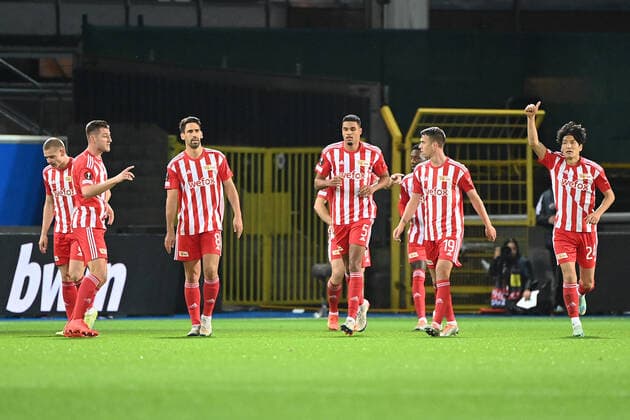 Fussball, Herren, Saison 2022 2023, Europa League (Gruppenphase, Gruppe D, 6. Spieltag), Royale Union Saint-Gilloise - 1. FC Union Berlin, v.l. Julian Ryerson (1. FC Union Berlin, 6), Robin Knoche (1. FC Union Berlin, 31), Rani Khedira (1. FC Union Berlin, 8), Danilho Doekhi (1. FC Union Berlin, 5), Sheraldo Becker (1. FC Union Berlin, 27), Janik Haberer (1. FC Union Berlin, 19) und Genki Haraguchi (1. FC Union Berlin, 24) Torjubel, Jubel nach dem Tor zum 0:1 durch Sven Michel (1. FC Union Berlin, 11) , 03.11. 2022, Copyright: xMatthiasxKochx