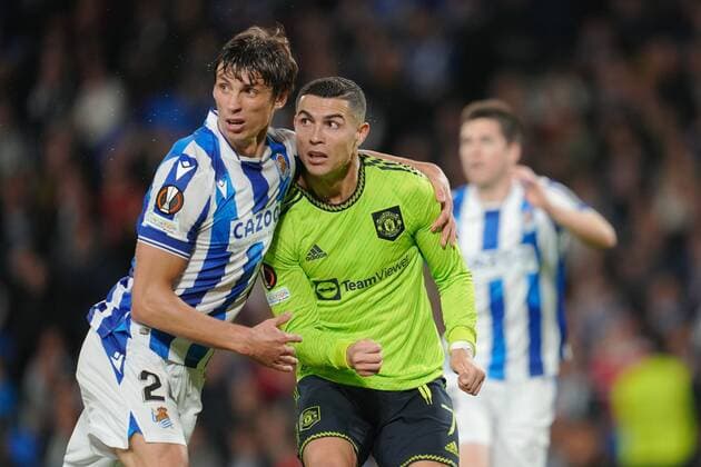 Mandatory Credit: Photo by Bagu Blanco Pressinphoto Shutterstock (13607020cp) Cristiano Ronaldo of Manchester United, ManU and Robin Le Normand of Real Sociedad Real Sociedad v Manchester United, UEFA Europa League, Group C, date 4. Football, Reale Arena Stadium, San Sebastian, Spain - 3 Nov 2022 Editorial use only Real Sociedad v Manchester United, UEFA Europa League, Group C, date 4. Football, Reale Arena Stadium, San Sebastian, Spain - 3 Nov 2022 Editorial use only Copyright: xBaguxBlanco Pressinphoto Shutterstockx 13607020cp
