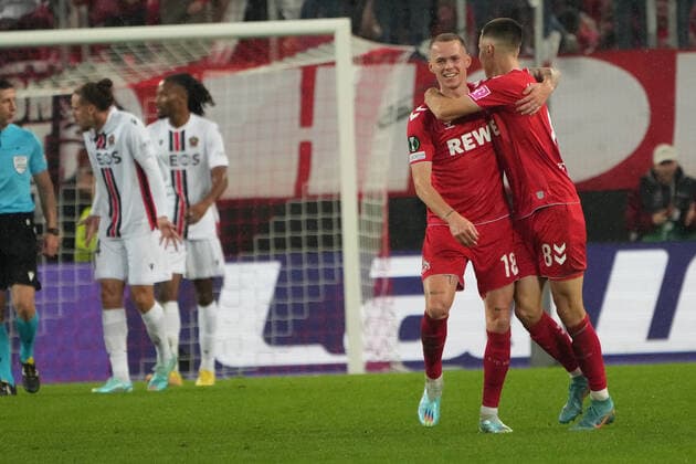 GER, Europa Conference League, Gruppenphase, 6 Spieltag, 1. FC Koeln (GER) vs. OGC Nizza (FRA) 03.11.2022, Rheinenergie Stadion, Koeln, GER, Europa Conference League, Gruppenphase, 6 Spieltag, 1. FC Koeln (GER) vs. OGC Nizza (FRA), im Bild: 2:2 durch Ondrej Duda (FC Koeln 18), Torjubel Jubel Jubellauf, mit Denis Huseinbasic (FC Koeln 8),