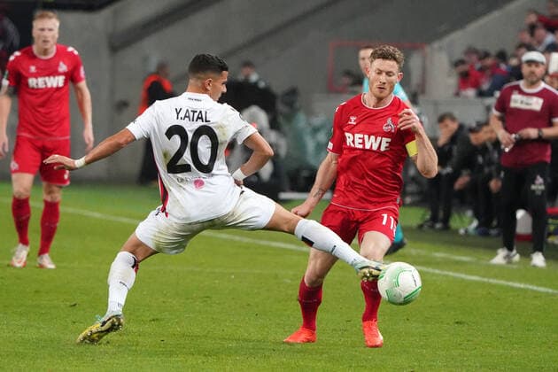 Fussball, UEFA Europa Conference League, Saison 2022 2023, Gruppenphase, Gruppen D, Spieltag 6 , 1.FC Köln - OGC Nizza , 03.11.2022., Rheinenergiestadion Köln Youcef Atal, OGC Nizza, Florian Kainz FC Köln