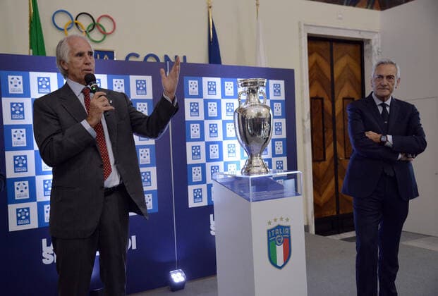 November 9, 2022, ROME, ITALY: FIGC president Gabriele Gravina (R) and CONI president Giovanni Malagò at the inauguration of the exhibition of soccer memorabilia from the 1930s La Storia siamo noi ( We are history ) at the CONI Hall of Honor, in Rome, Italy, 09 November 2022. From the cup won at the last European to many memorabilia that have accompanied the history of soccer in Italy: the national team, Nationalteam is on display in Rome at the CONI Hall of Honor today and tomorrow with some of the jewels of the Coverciano Football Museum. We are the story - the title of the exhibition open to the public on 9 and 10 November, with free admission - which will allow visitors to closely admire part of the immense heritage of memorabilia, trophies, jerseys, balls, shoes, memorabilia and images of all kinds related to the 112 years of the Azzurri available at the historic headquarters of the Football Museum, which has been located since 1990 next to the Federal Technical Center of Coverciano..ANSA FABIO CIMAGLIA ROME ITALY - ZUMAa110 20221109_zaf_a110_007 Copyright: xFabioxCimagliax