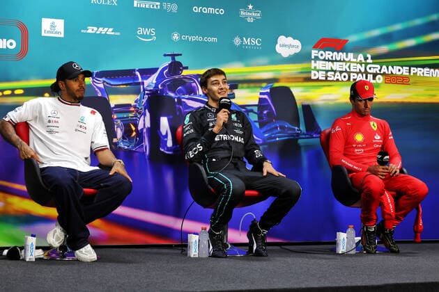 RUSSELL George (gbr), Mercedes AMG F1 Team W13, portrait HAMILTON Lewis (gbr), Mercedes AMG F1 Team W13, portrait SAINZ Carlos (spa), Scuderia Ferrari F1-75, portrait press conference, PK, Pressekonferenz during the Formula 1 Heineken Grande Premio de Sao Paulo 2022, Sao Paulo Grand Prix Grand Prix 2022, 21st round of the 2022 FIA Formula One World Championship, WM, Weltmeisterschaft from November 11 to 13, 2022 on the Interlagos Circuit, in Sao Paulo, Brazil - F1 - SAO PAULO GRAND PRIX 2022 - RACE DPPI Panoramic BRAZIL_SUNDAY_FIA_PRESS_CONF_24