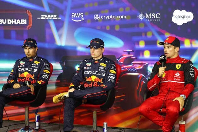 PEREZ Sergio (mex), Red Bull Racing RB18, VERSTAPPEN Max (ned), Red Bull Racing RB18, LECLERC Charles (mco), Scuderia Ferrari F1-75, portrait, press conference, PK, Pressekonferenz during the Formula 1 Etihad Airways Abu Dhabi Grand Prix 2022, 22nd round of the 2022 FIA Formula One World Championship, WM, Weltmeisterschaft from November 18 to 20, 2022 on the Yas Marina Circuit, in Yas Island, Abu Dhabi - F1 - ABU DHABI GRAND PRIX 2022 DPPI Panoramic GP2222_152308177A8625