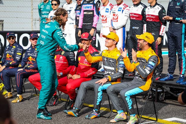 VETTEL Sebastian (ger), Aston Martin F1 Team AMR22, NORRIS Lando (gbr), McLaren F1 Team MCL36, RICCIARDO Daniel (aus), McLaren F1 Team MCL36, portrait during the Formula 1 Etihad Airways Abu Dhabi Grand Prix 2022, 22nd round of the 2022 FIA Formula One World Championship, WM, Weltmeisterschaft from November 18 to 20, 2022 on the Yas Marina Circuit, in Yas Island, Abu Dhabi - F1 - ABU DHABI GRAND PRIX 2022 - RACE DPPI Panoramic 20221120_GOOD0120